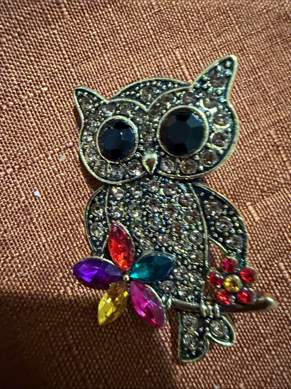 Crystal Owl Brooch with Multicolor Gem Flower - Women Jewelry
